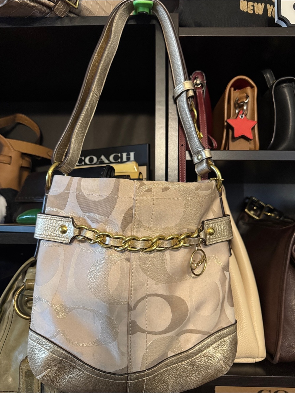 Coach Beige Signature Canvas Hobo with Gold Chain Trim